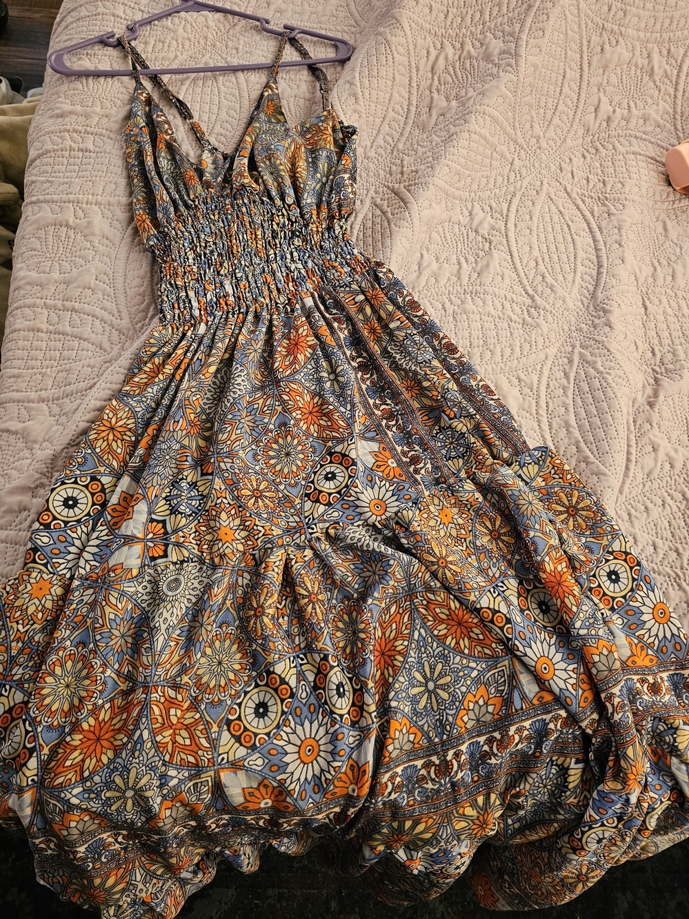 Smocked Floral Maxi Dress - Orange & Blue